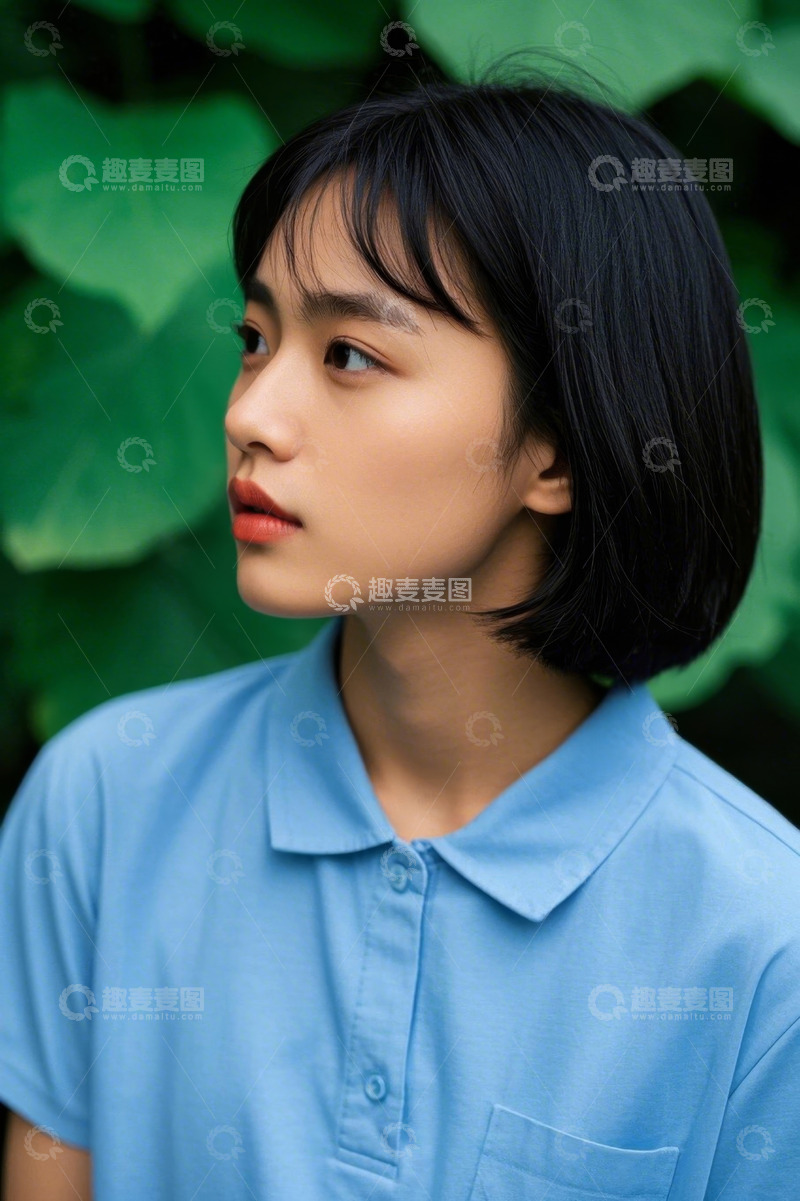 高清大图下载【趣麦麦图】侧颜清纯女生写真绿叶背景