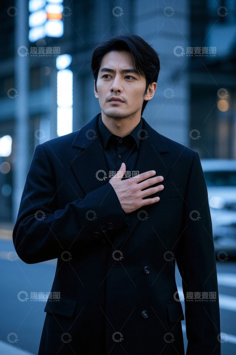 高清大图下载【趣麦麦图】男子身穿黑色西装伫立街头