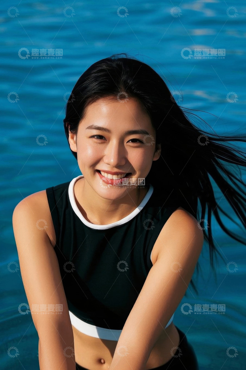 高清大图下载【趣麦麦图】泳池边笑容甜美的亚洲女孩