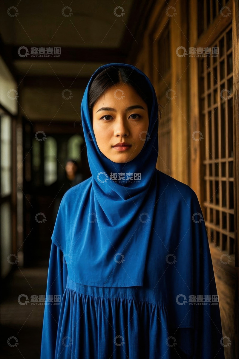 高清大图下载【趣麦麦图】蓝色长袍女子凝视前方