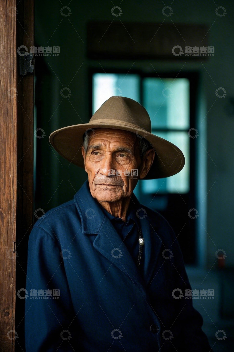 高清大图下载【趣麦麦图】一位戴着帽子穿着深蓝色外套的老人