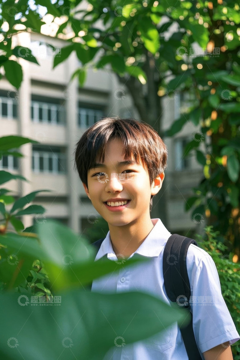 高清大图下载【趣麦麦图】阳光下笑容灿烂的少年学生