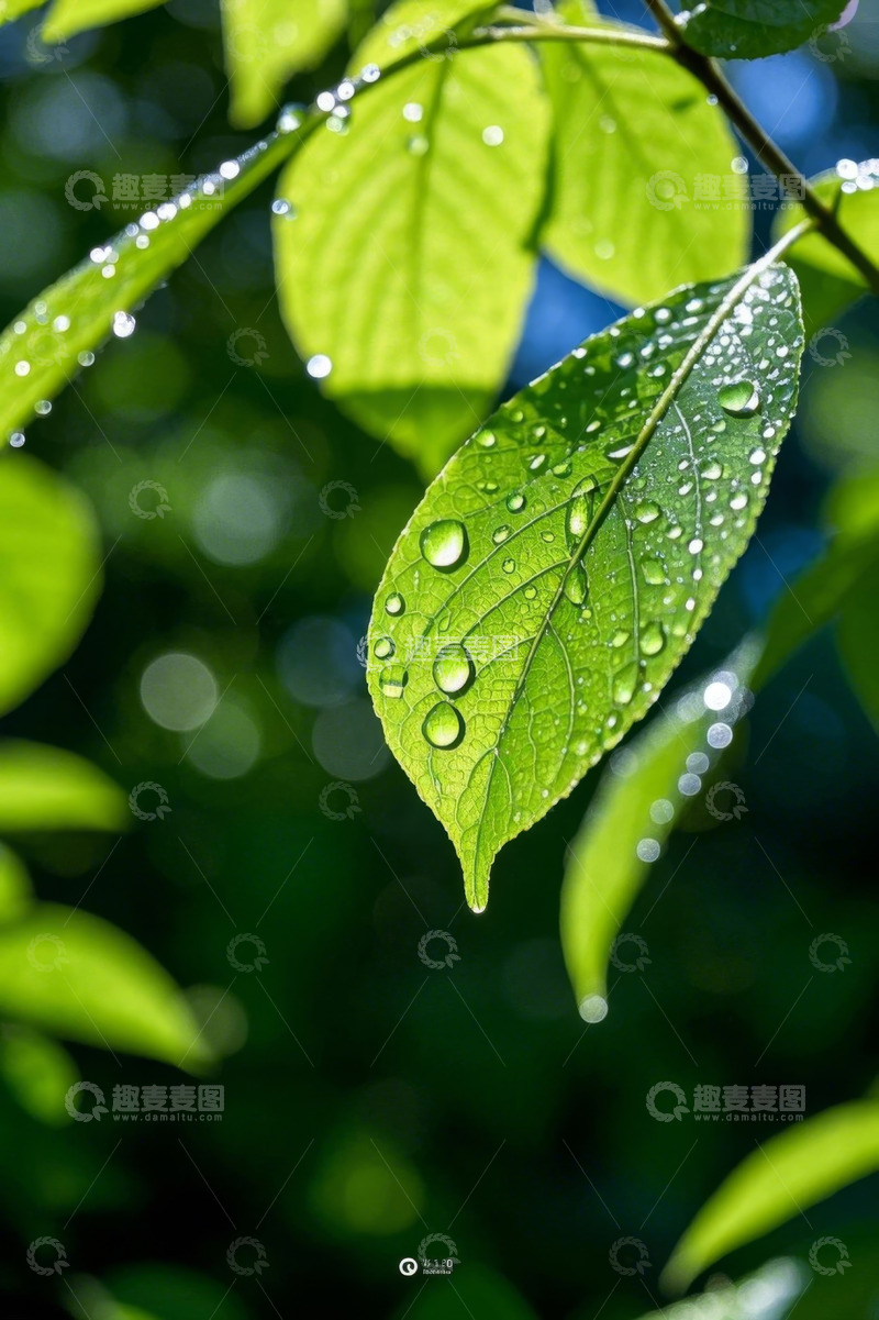 高清大图下载【趣麦麦图】绿叶上晶莹的水珠特写