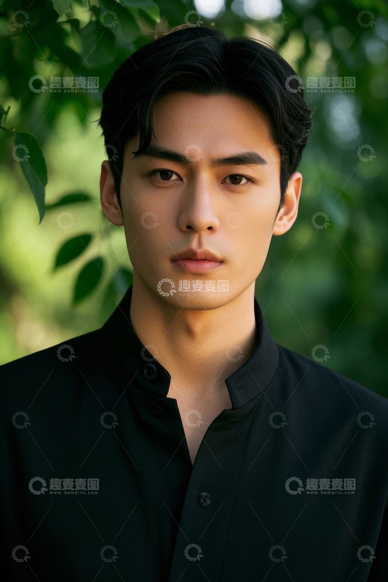 高清大图下载【趣麦麦图】英俊男子户外写真绿叶背景