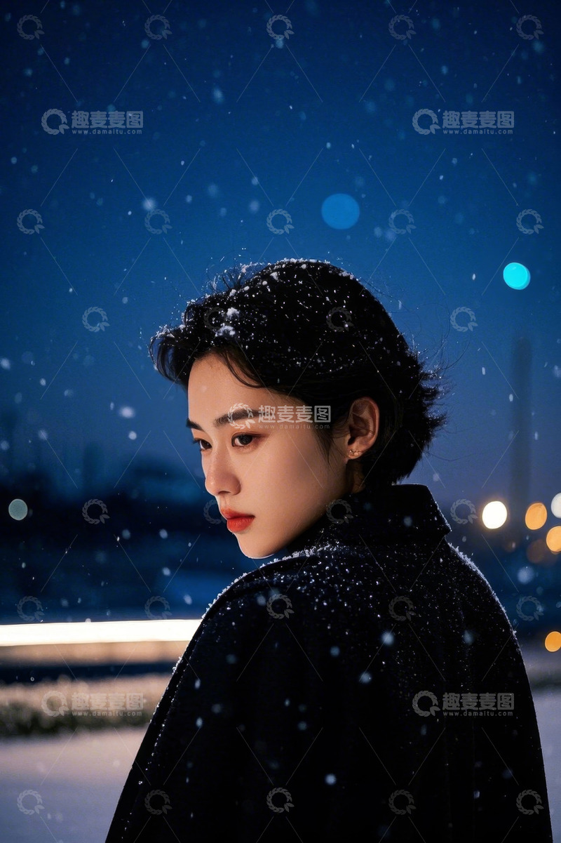 高清大图下载【趣麦麦图】冬夜雪景中女孩侧身凝望