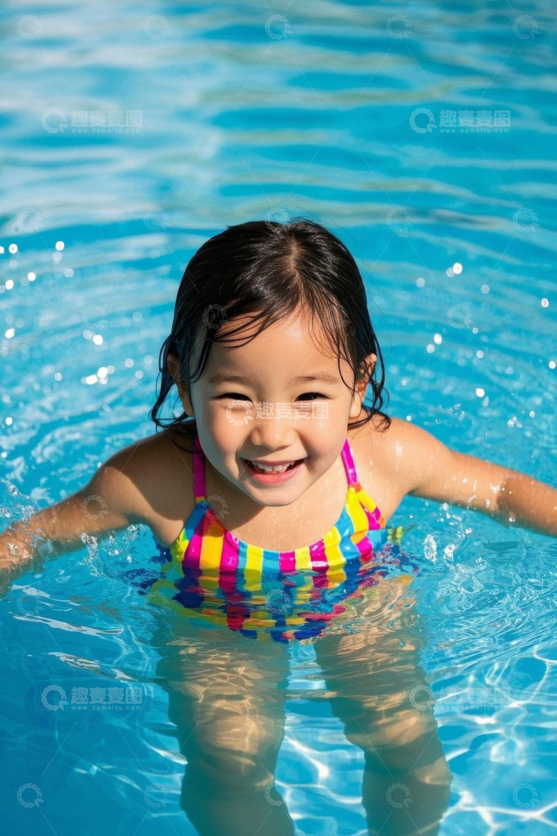 高清大图下载【趣麦麦图】快乐的小女孩在游泳池里游泳