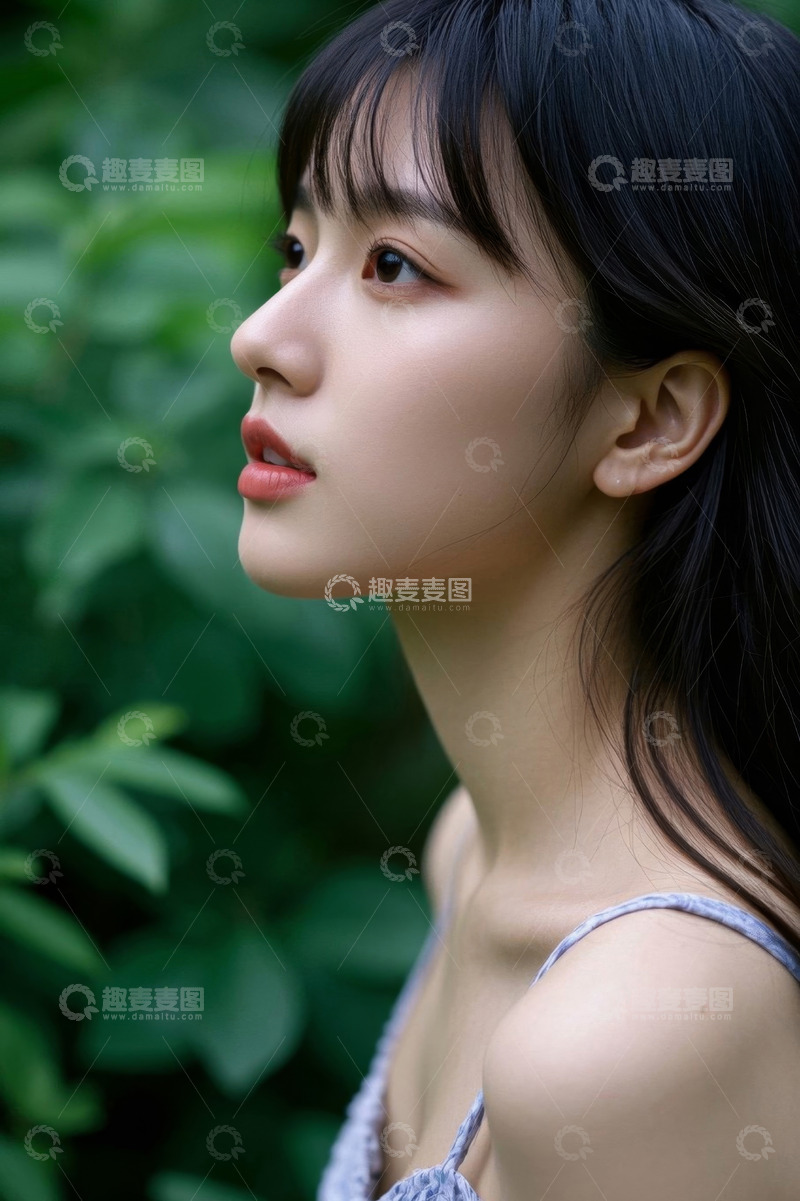 高清大图下载【趣麦麦图】绿叶背景下侧颜的年轻女子