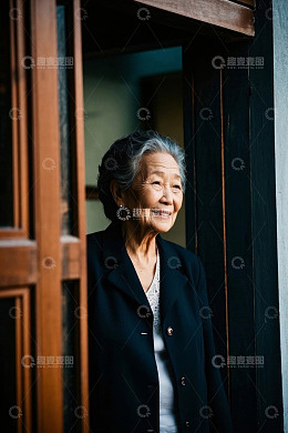 优雅的老年妇女站在门口凝视远方