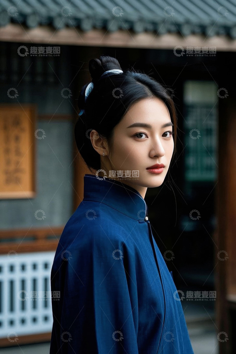 高清大图下载【趣麦麦图】女子身着蓝色长袍凝视远方