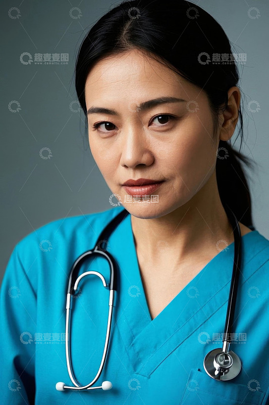 女医生穿着蓝色制服戴着听诊器