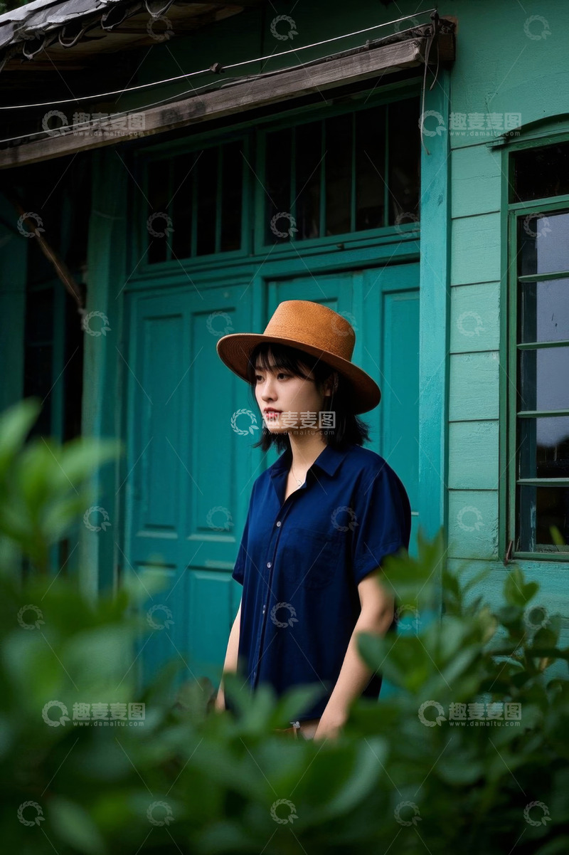 高清大图下载【趣麦麦图】女子身着蓝色衬衫戴草帽伫立门前