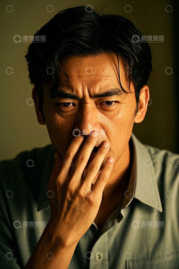 忧郁男子捂嘴沉思肖像