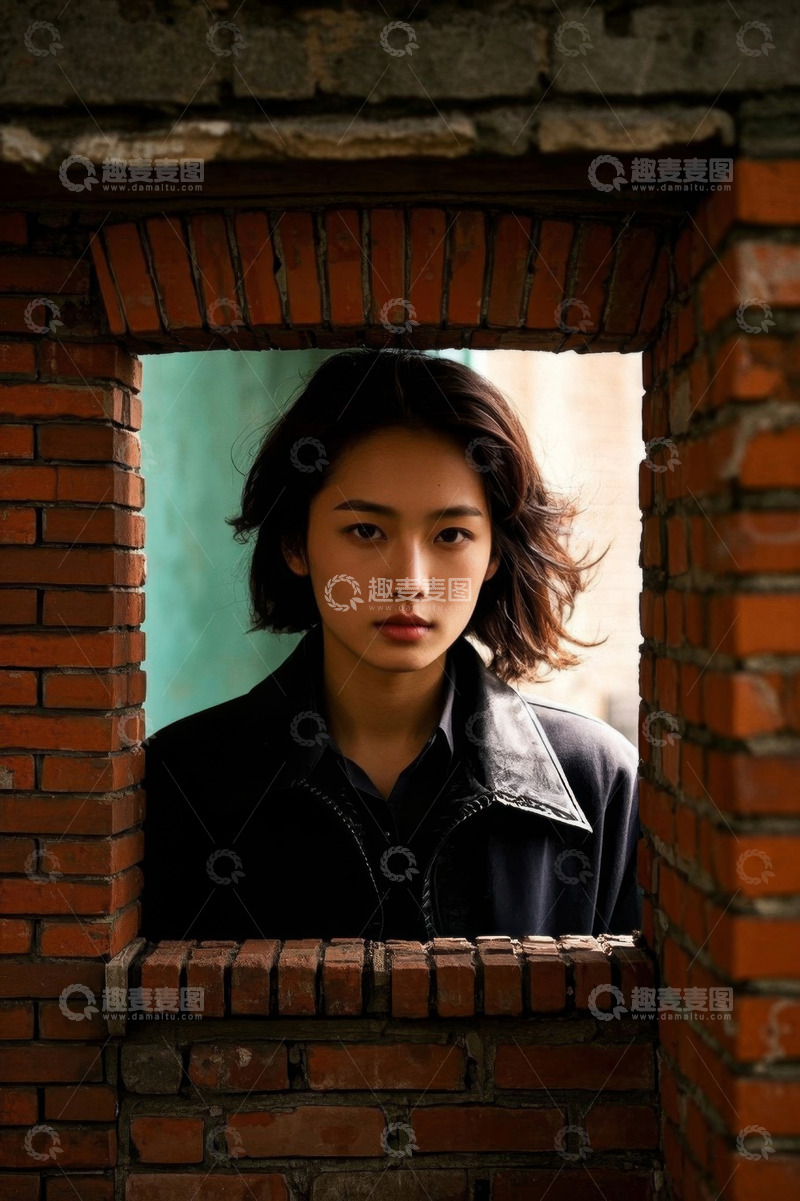 高清大图下载【趣麦麦图】女子砖墙洞中凝视镜头