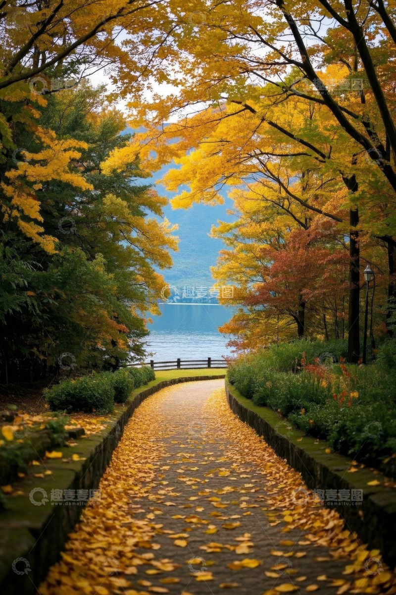 高清大图下载【趣麦麦图】秋季湖边林荫小道风景