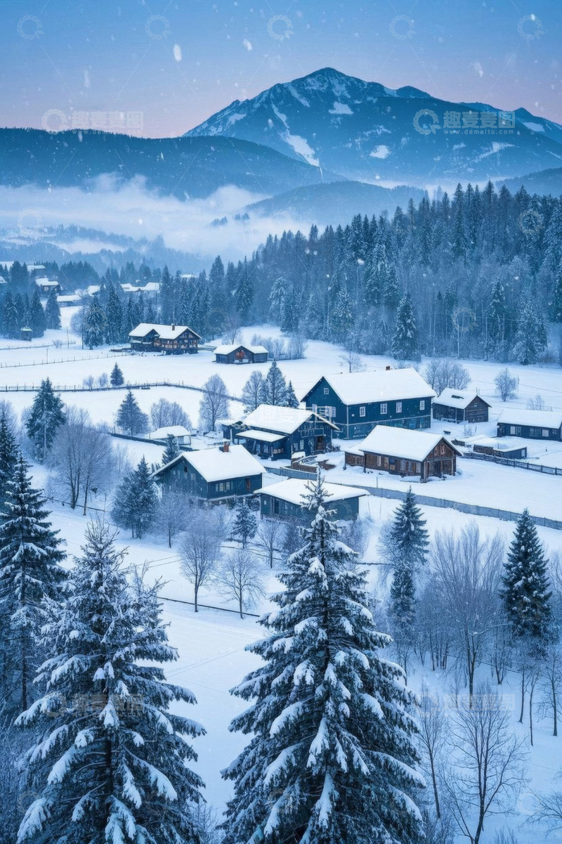 高清大图下载【趣麦麦图】雪后山村山林全景