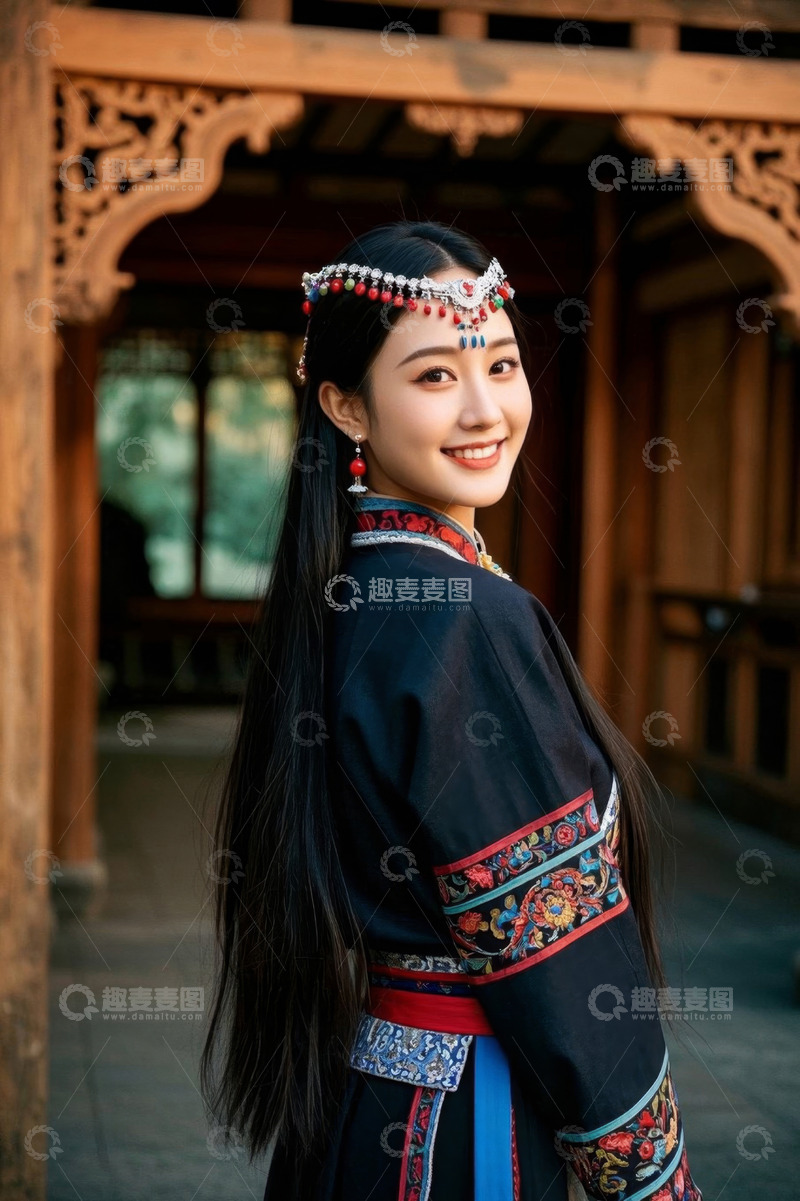 高清大图下载【趣麦麦图】身着华服的年轻女子回眸一笑