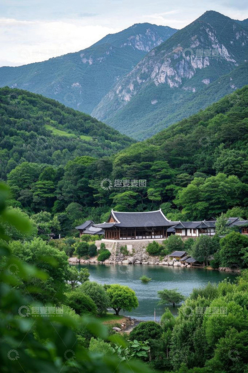 高清大图下载【趣麦麦图】山林间中式建筑与湖景