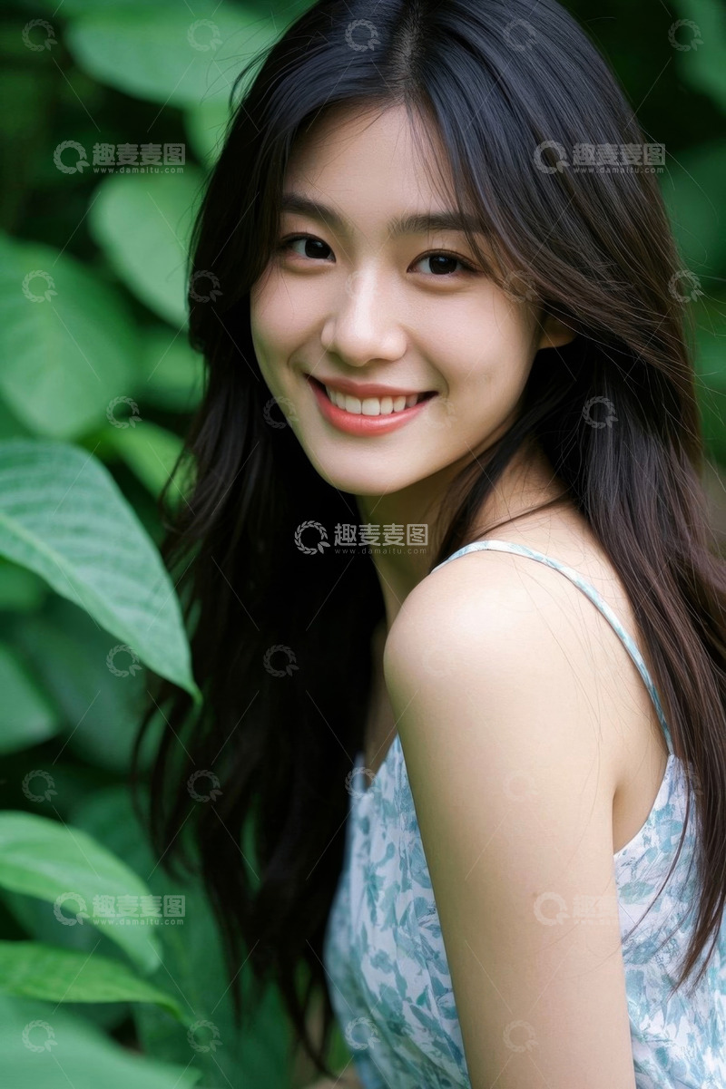 高清大图下载【趣麦麦图】绿叶丛中笑容甜美的少女