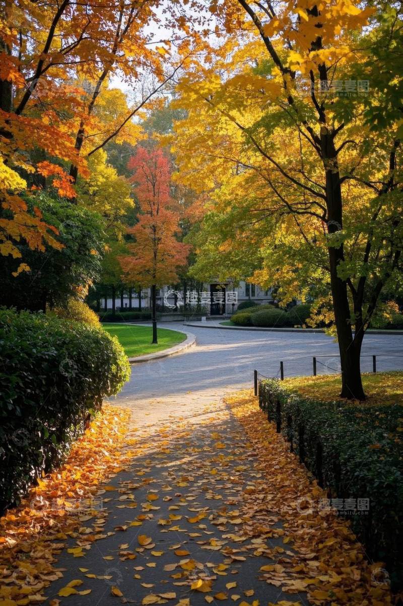 高清大图下载【趣麦麦图】秋季公园落叶小径风景