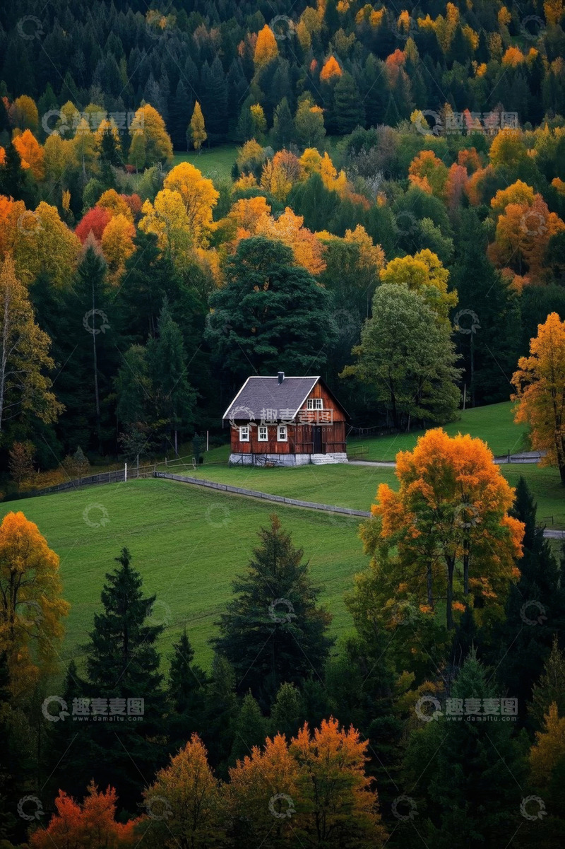 高清大图下载【趣麦麦图】秋季山林中的木屋风景