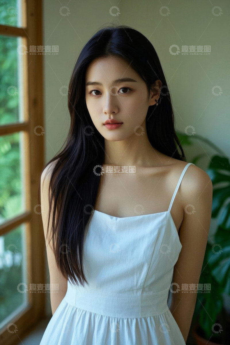 高清大图下载【趣麦麦图】身穿白色连衣裙的年轻女子肖像