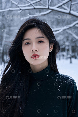 冬日雪景中一位美丽的女子