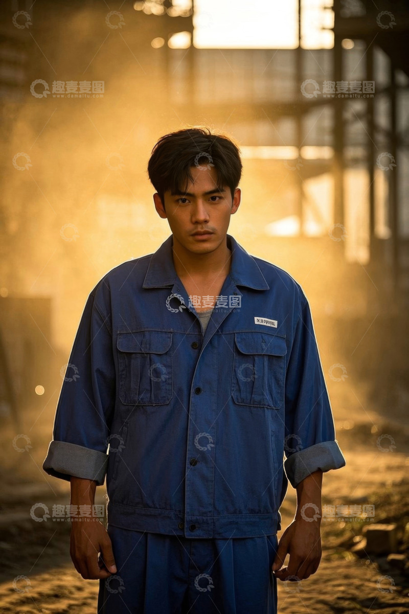 高清大图下载【趣麦麦图】逆光下的年轻工人严肃认真