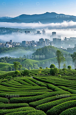 城市边缘的绿色茶园景观