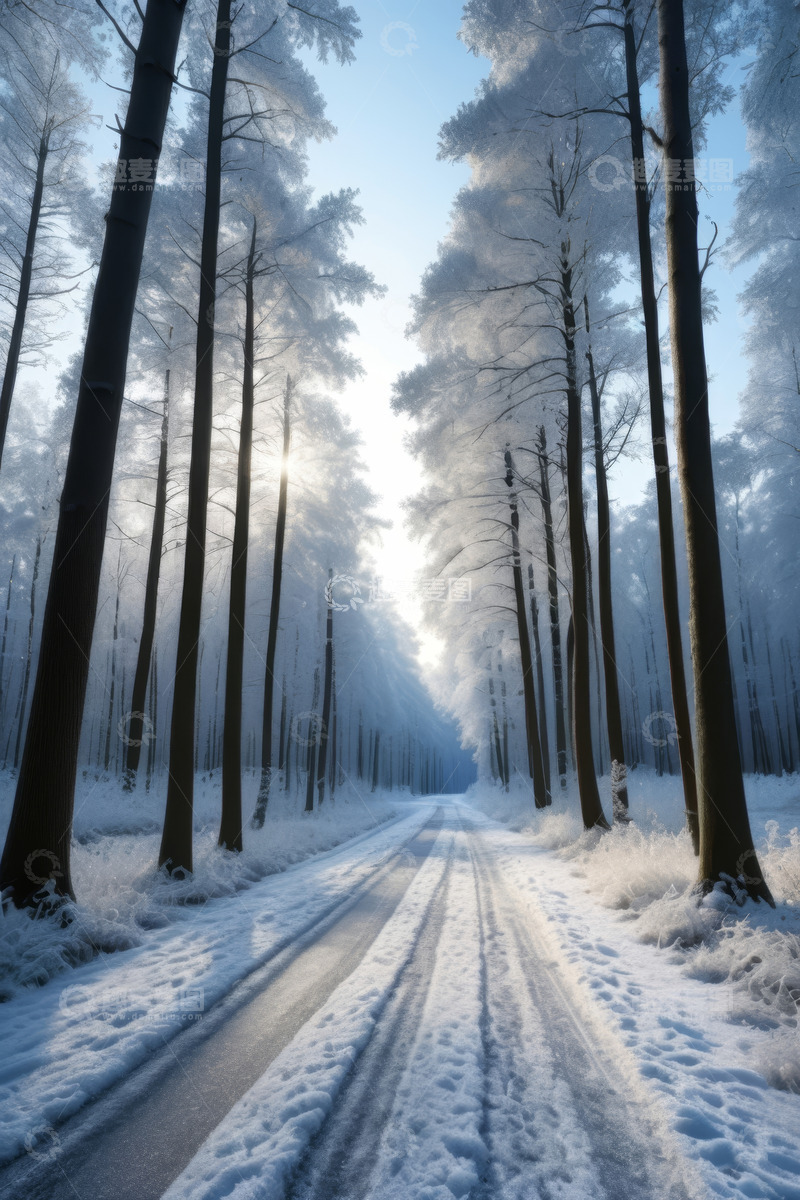 高清大图下载【趣麦麦图】冬日雪覆林间道路风光
