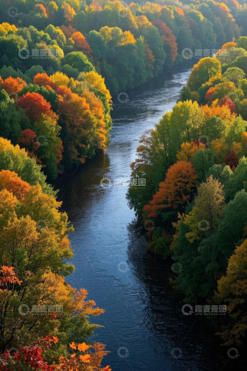 高清大图下载【趣麦麦图】秋天河流两岸多彩森林景色