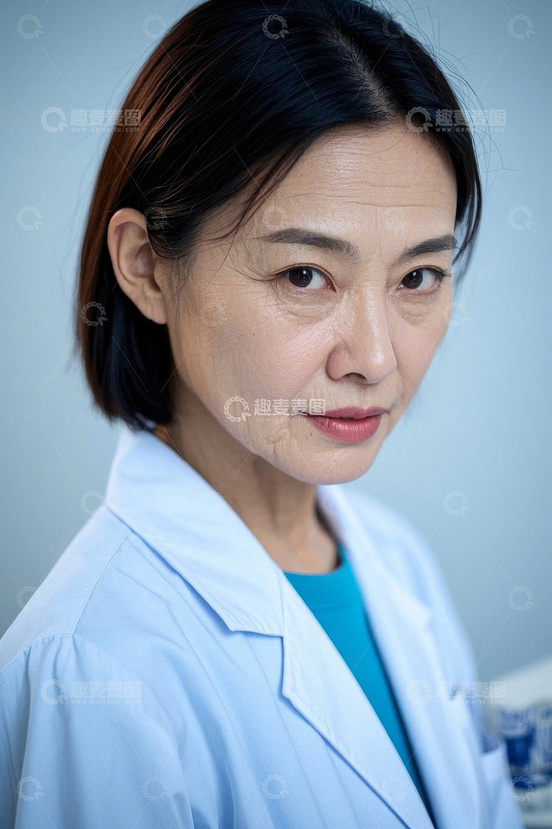 一位中年女医生肖像照，眼神坚定