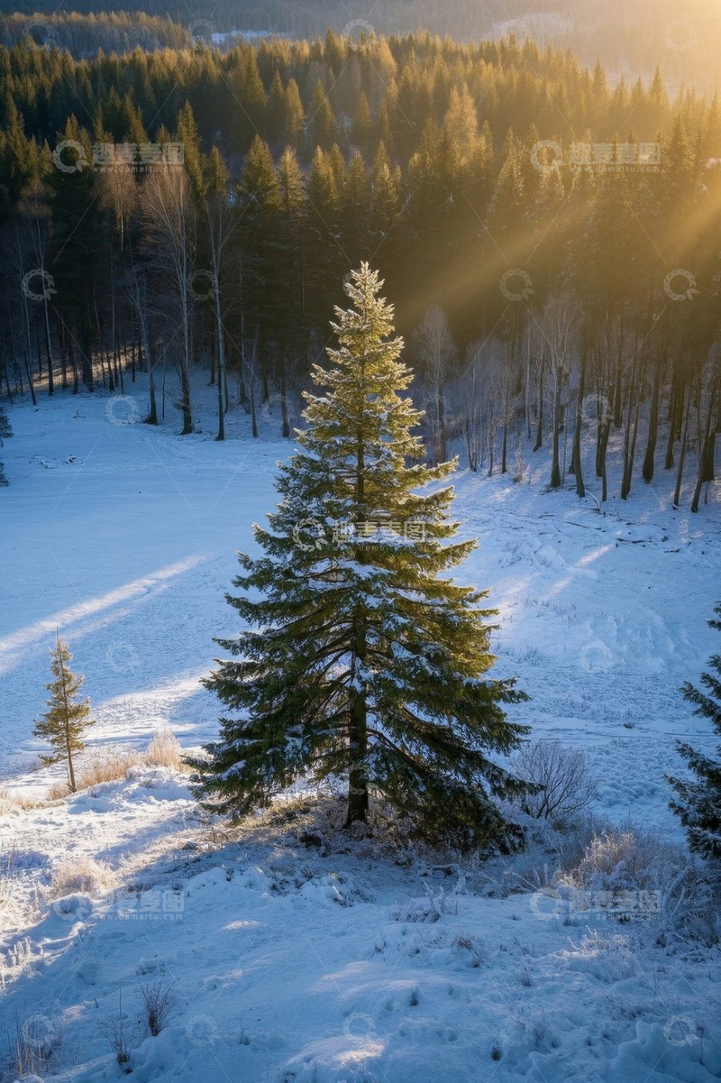 高清大图下载【趣麦麦图】雪后森林中的阳光松树景观