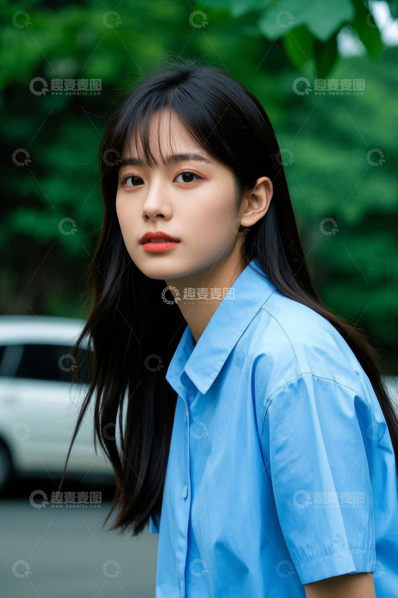 高清大图下载【趣麦麦图】清纯少女户外写真蓝色衬衫