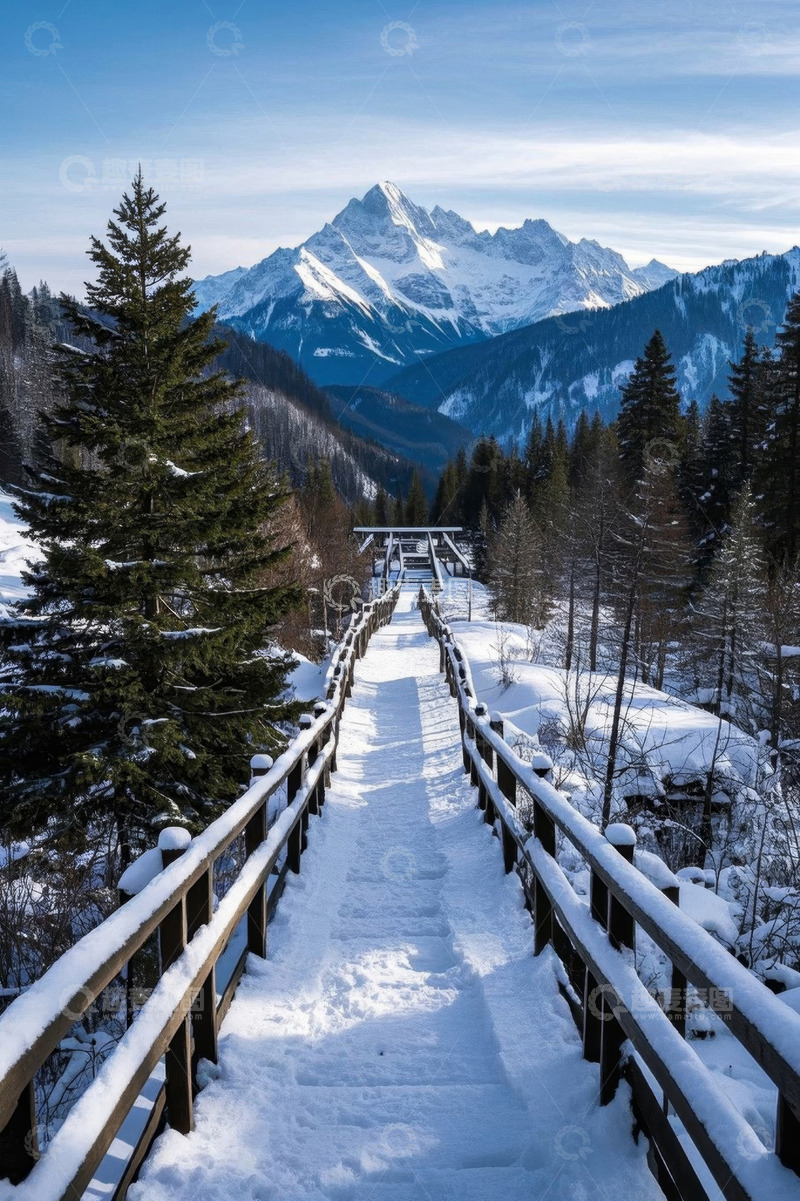 高清大图下载【趣麦麦图】雪中山间木栈道风景