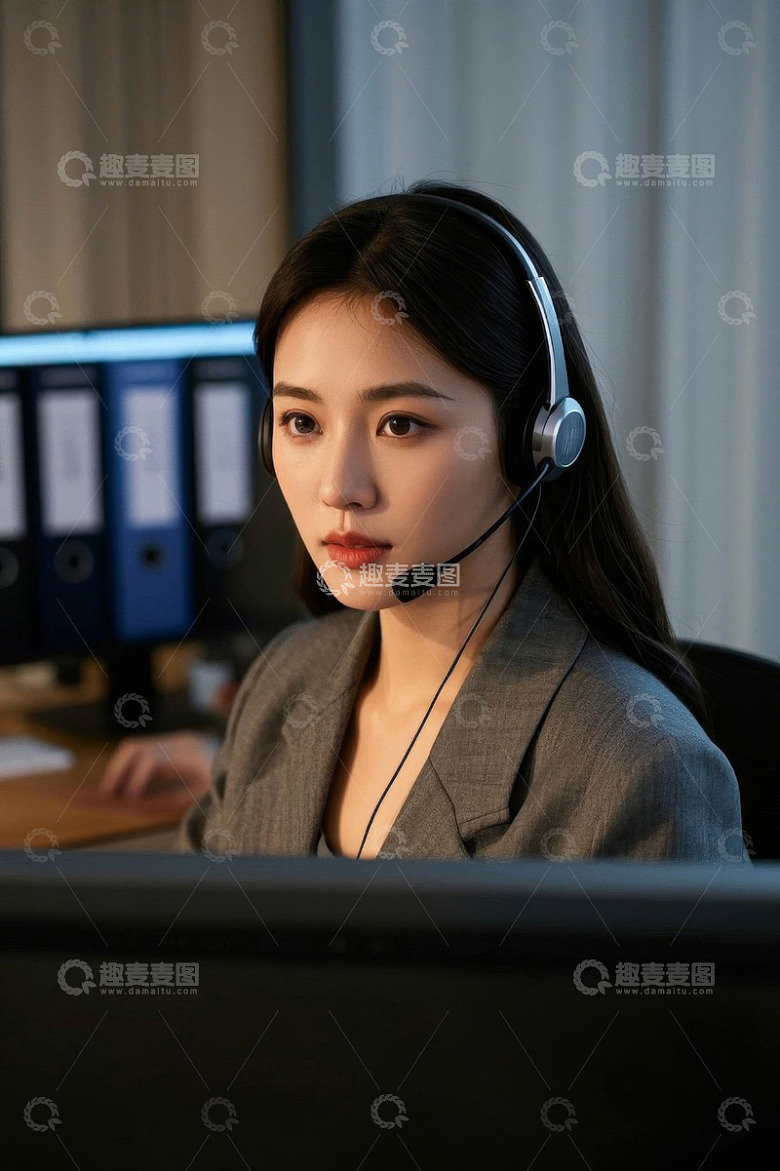 戴耳机工作的年轻女性