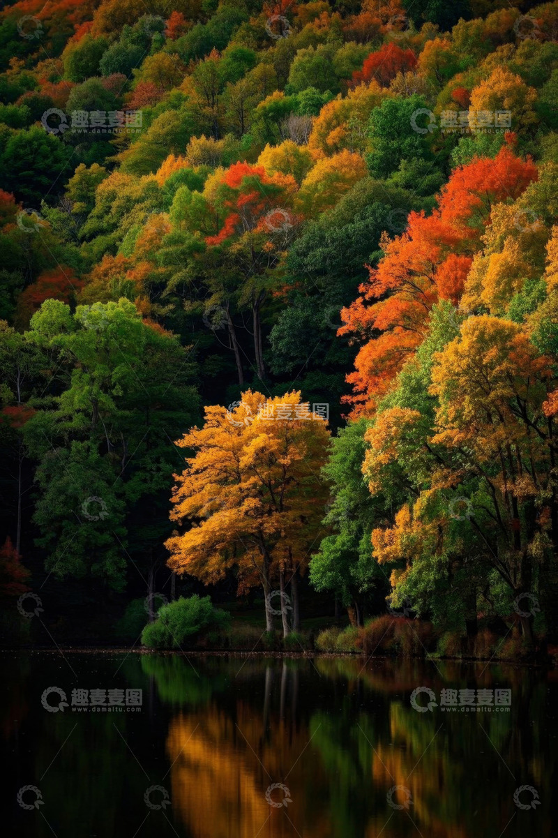 高清大图下载【趣麦麦图】秋日森林湖畔多彩树木景观