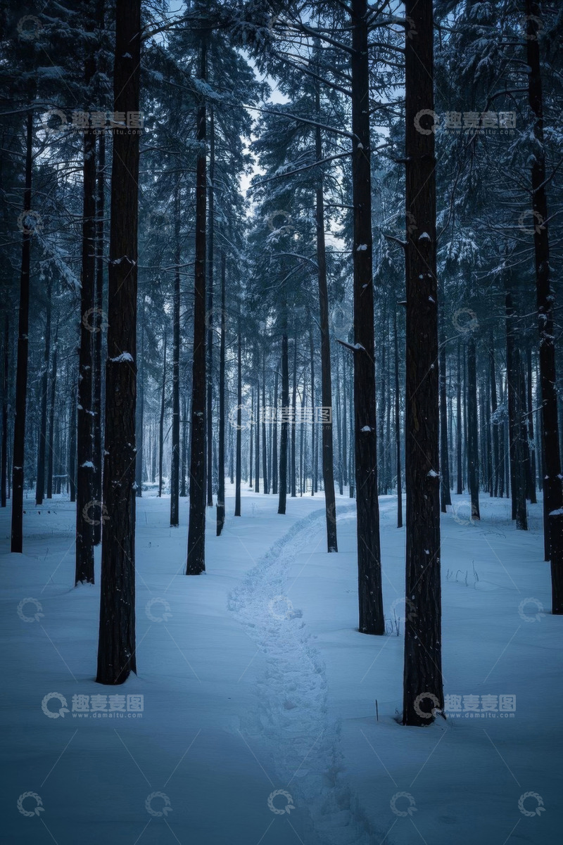 高清大图下载【趣麦麦图】雪覆盖的森林林间小道