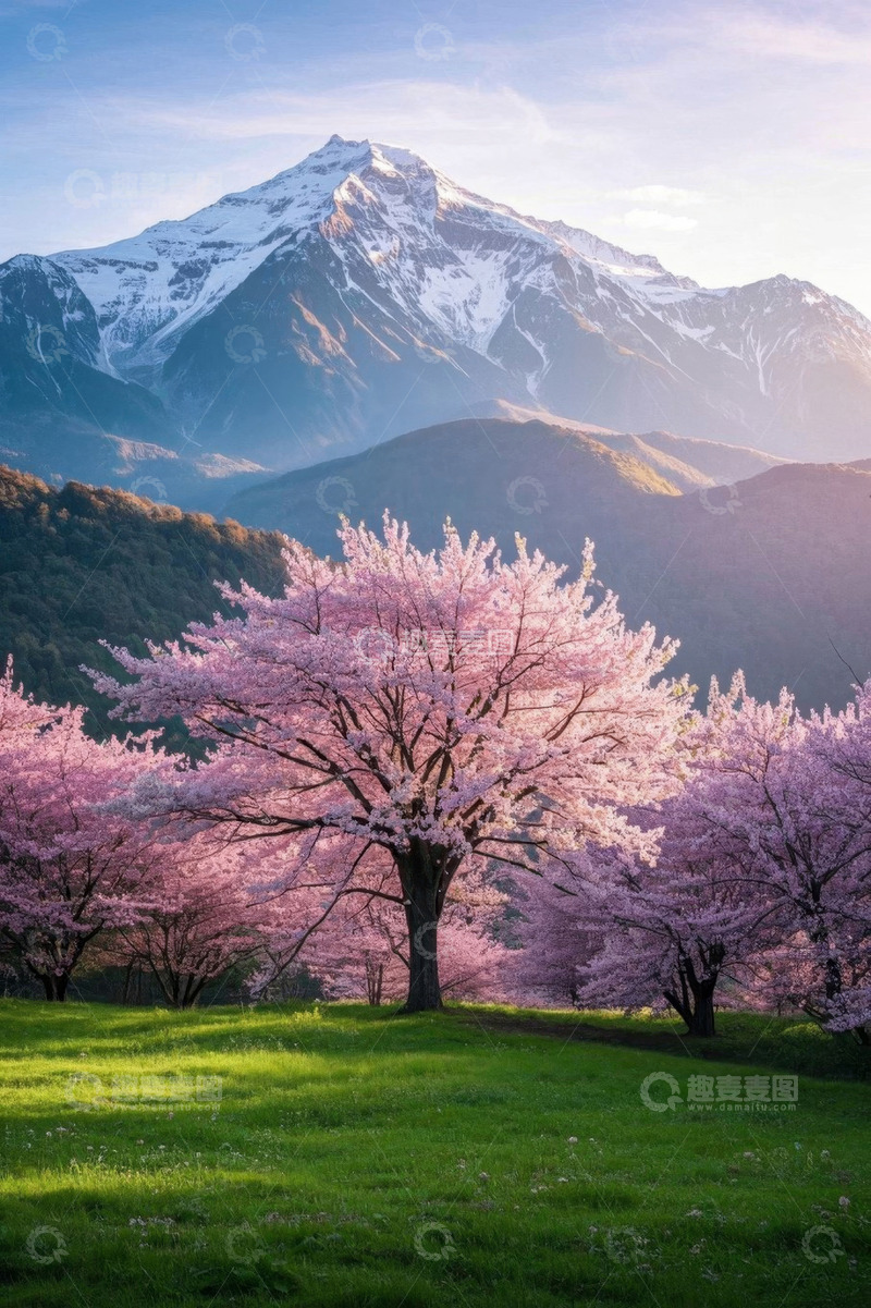 高清大图下载【趣麦麦图】雪山下盛开的粉色樱花树