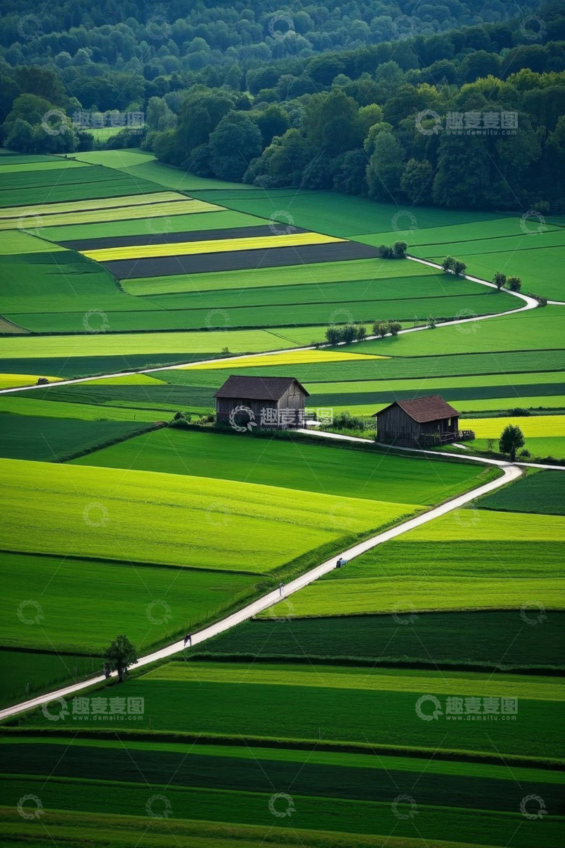 高清大图下载【趣麦麦图】田野中的农舍与蜿蜒小路