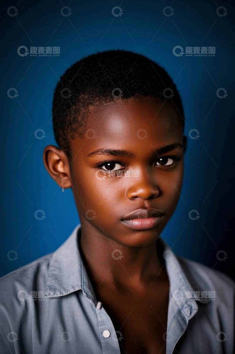 高清大图下载【趣麦麦图】深色背景下少年的严肃肖像