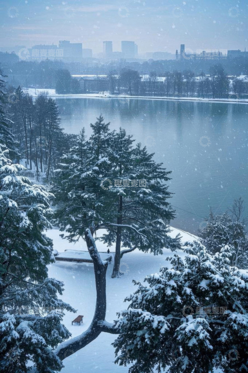 高清大图下载【趣麦麦图】湖畔雪景与树木景观