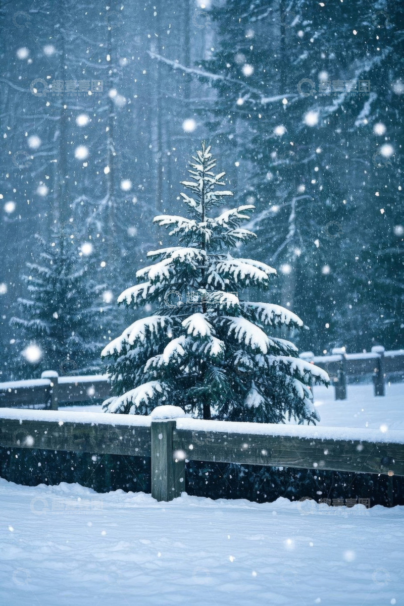 高清大图下载【趣麦麦图】雪中森林里的松树与围栏