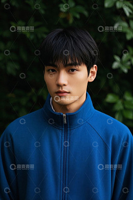 蓝衣青年户外写真深邃眼神