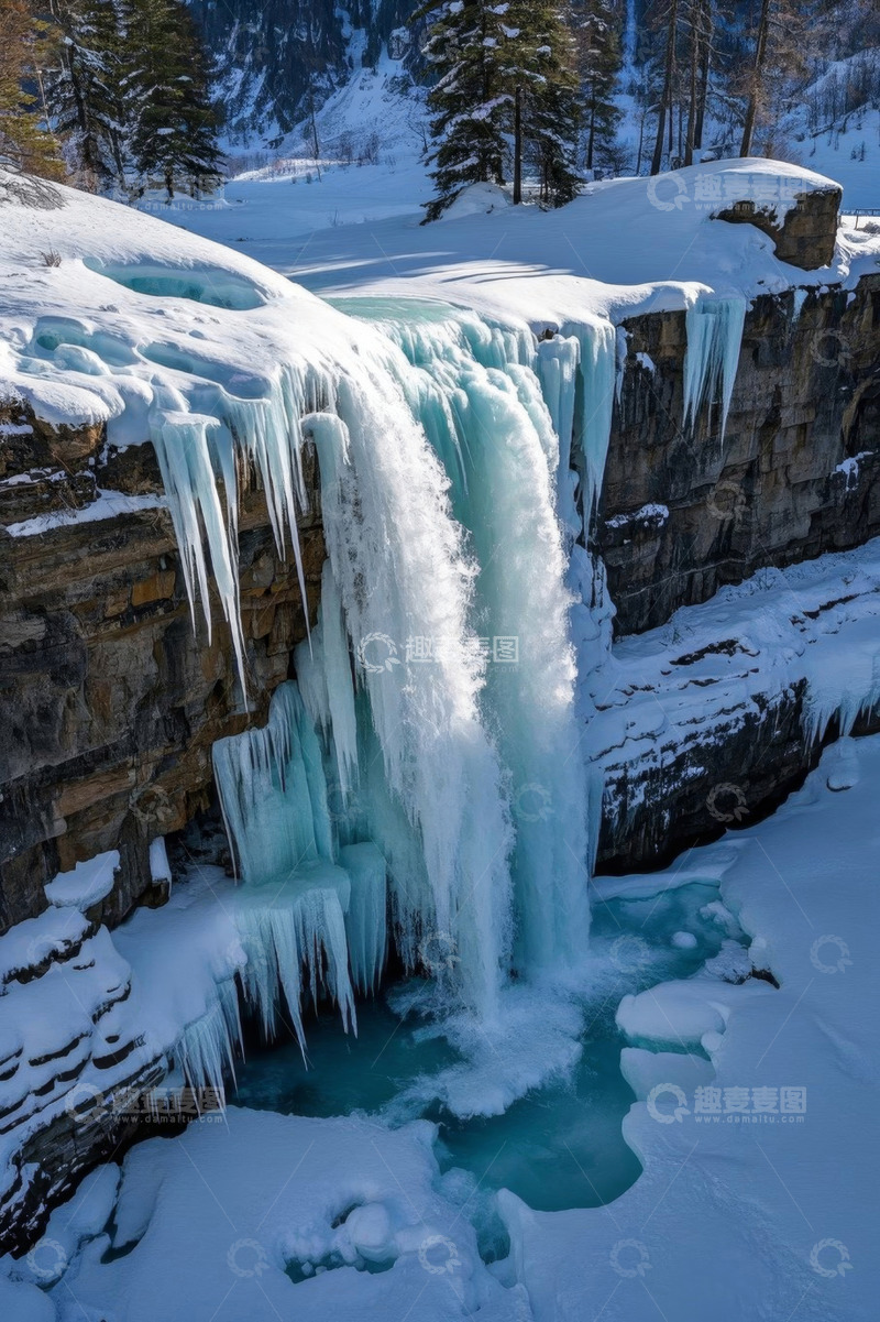 高清大图下载【趣麦麦图】冬季冰雪覆盖的瀑布景观