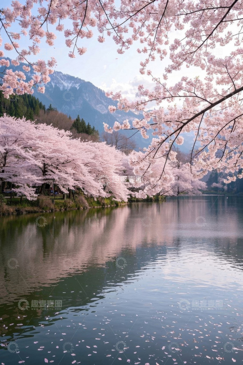 高清大图下载【趣麦麦图】湖边盛开的粉色樱花