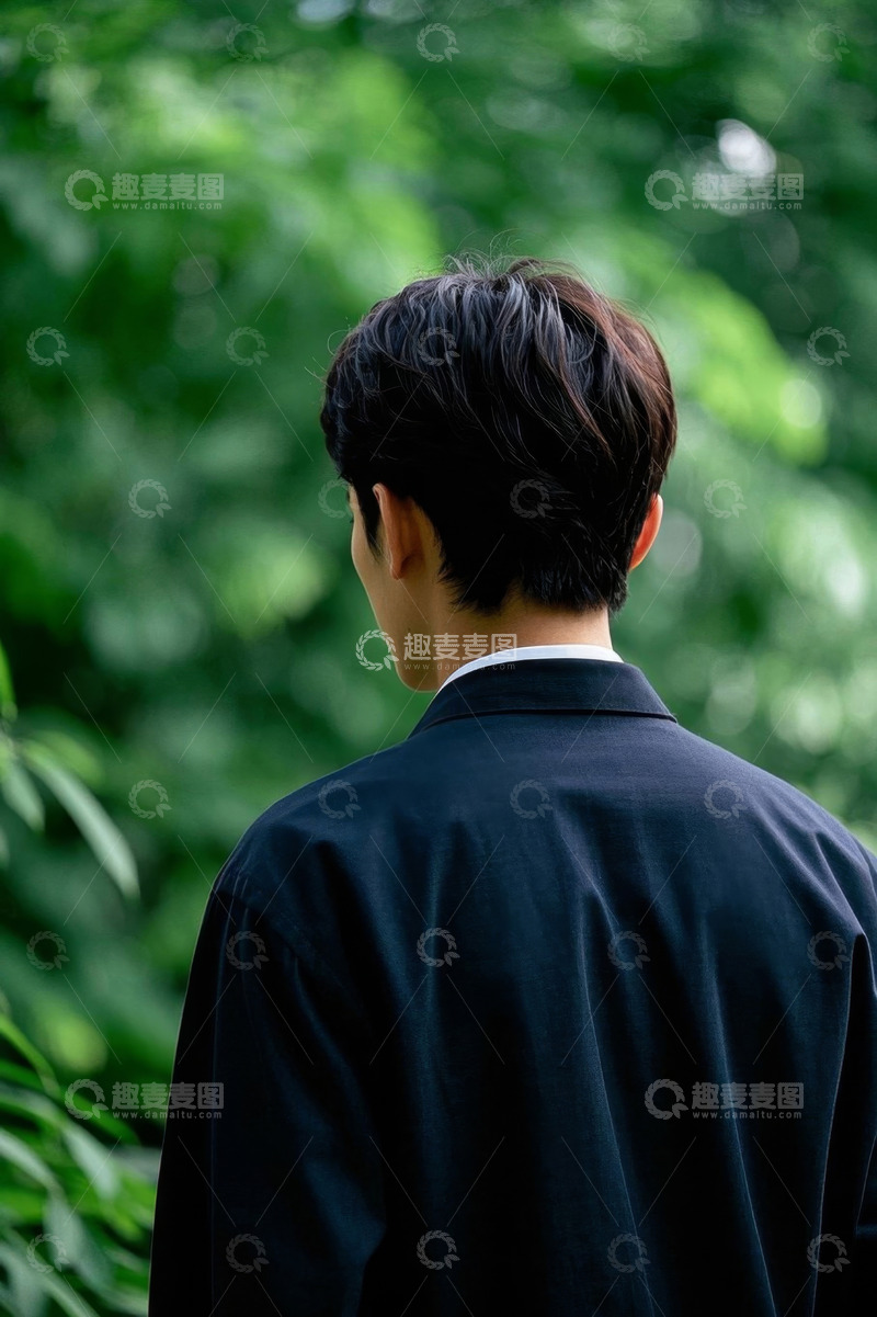 高清大图下载【趣麦麦图】黑衣男子背影绿叶背景
