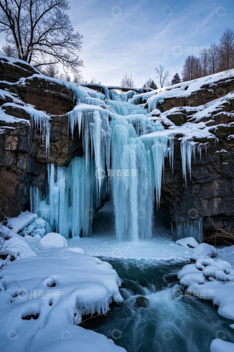高清大图下载【趣麦麦图】冬日冰雪覆盖的自然瀑布景观