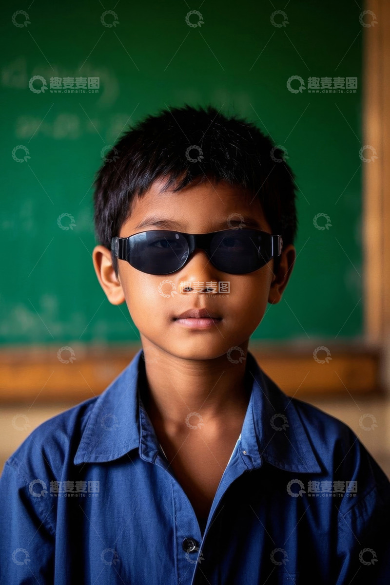 高清大图下载【趣麦麦图】戴墨镜的小男孩严肃地面对镜头