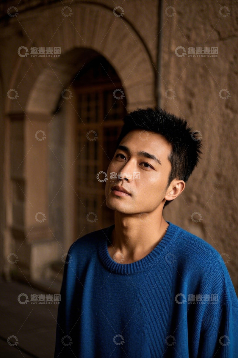 高清大图下载【趣麦麦图】蓝色毛衣男子凝望远方