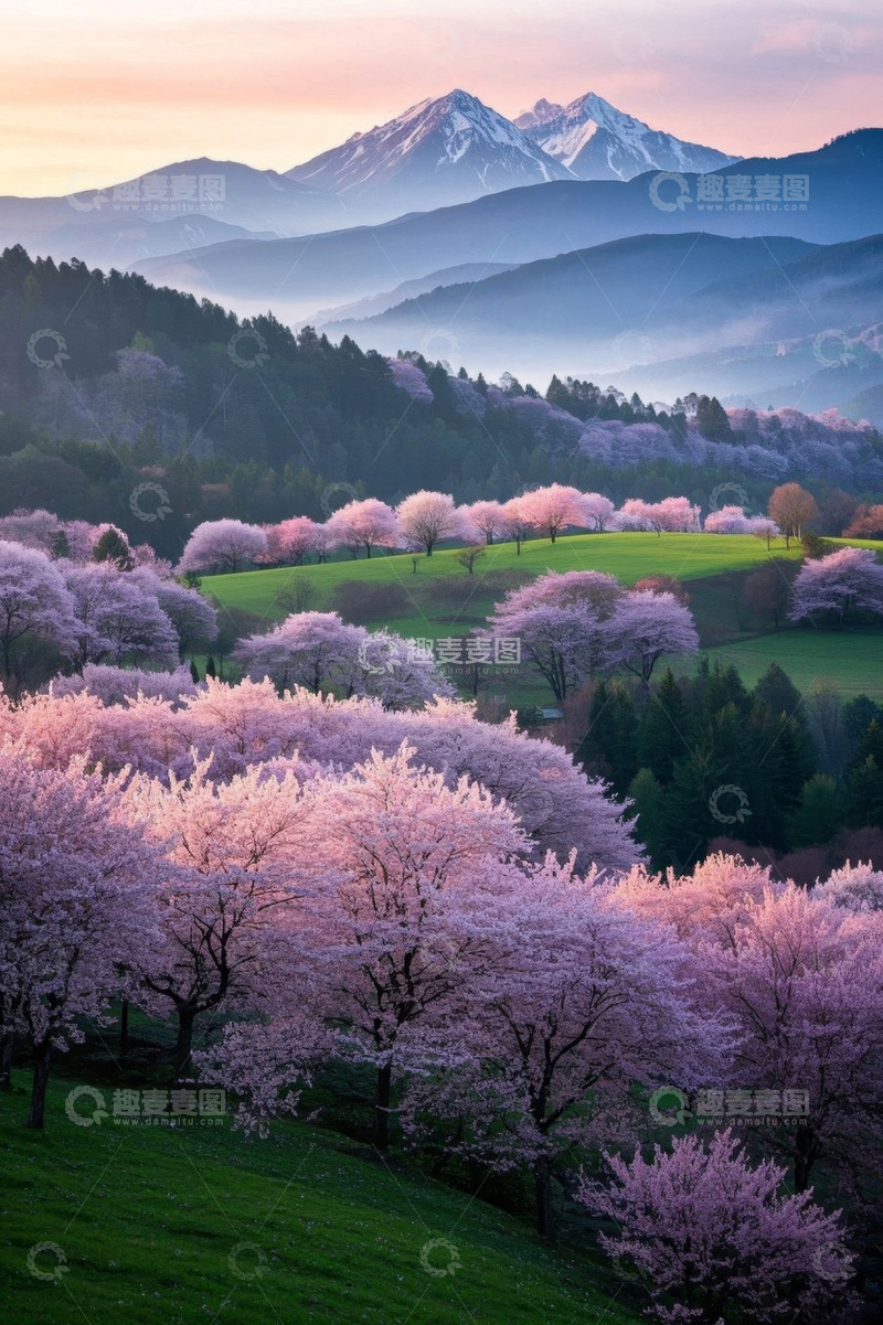 高清大图下载【趣麦麦图】山间盛开的粉色樱花林